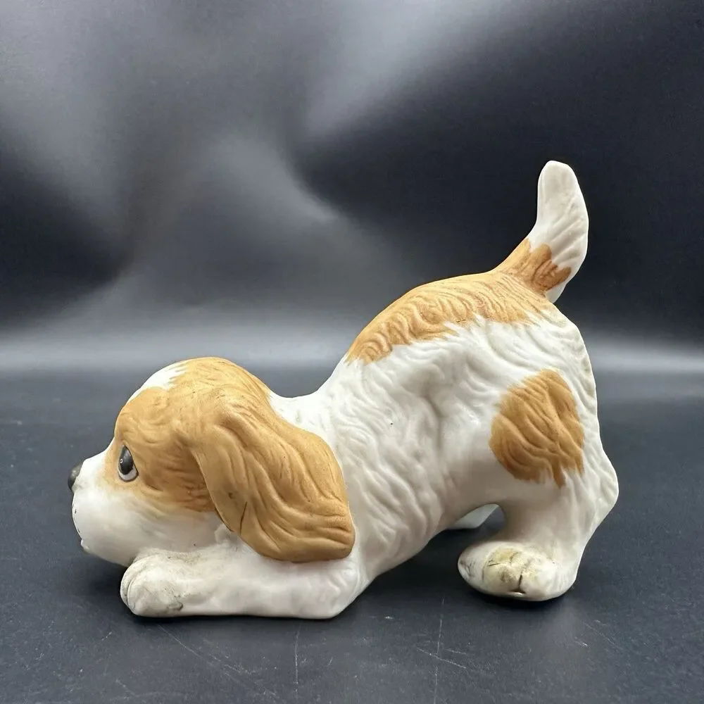 Vintage Homco #1407 Puppy Dog Bisque Porcelain Buff White Cocker Spaniel 3.5”